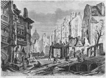 Paris, démolitions pour la construction de la rue des Écoles, vue prise de la rue Saint-Nicolas du Chardonnet, gravée par Charles Maurand (19e siècle)
